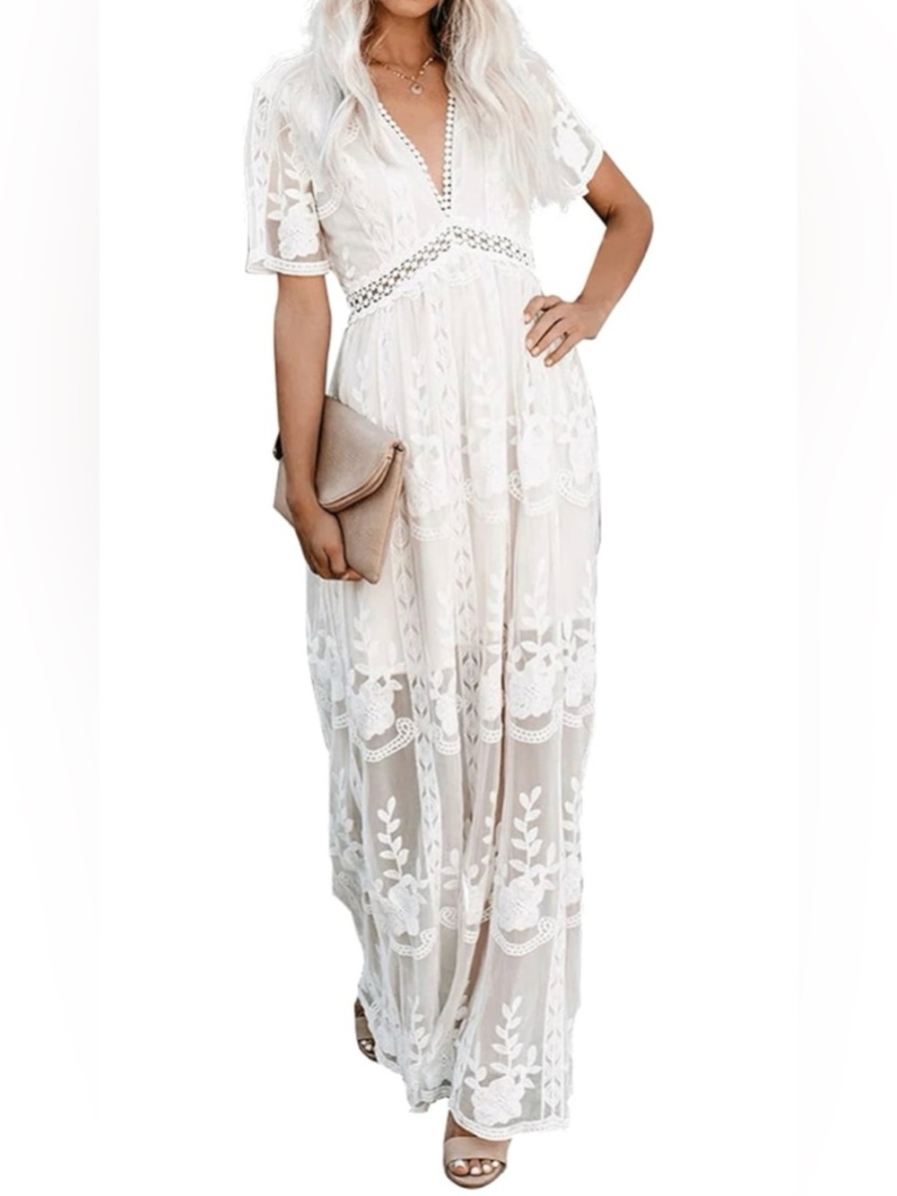 NWOT Deep V Neck Short Sleeve Floral Lace Dress Long Bridal Shower Maxi Dresses - Picture 6 of 15